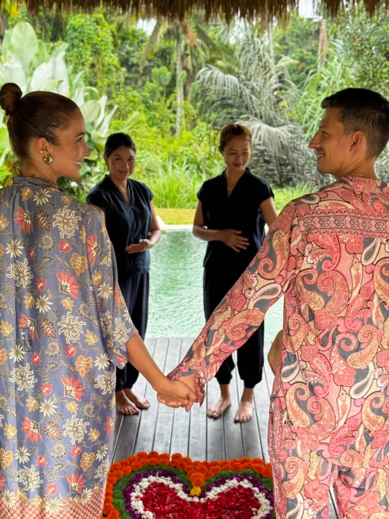 Honeymoon couple preparing for a massage in the yoga shala at Kizmet Fit Retreat.