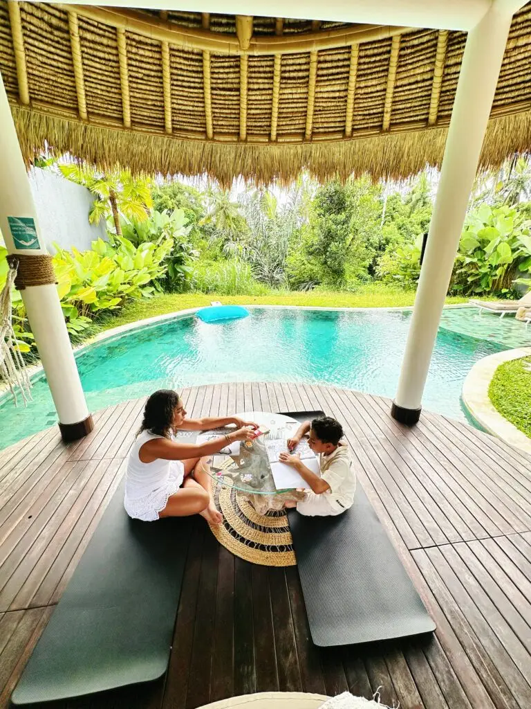 Children coloring books in the family-friendly yoga shala at Kizmet Fit Retreat